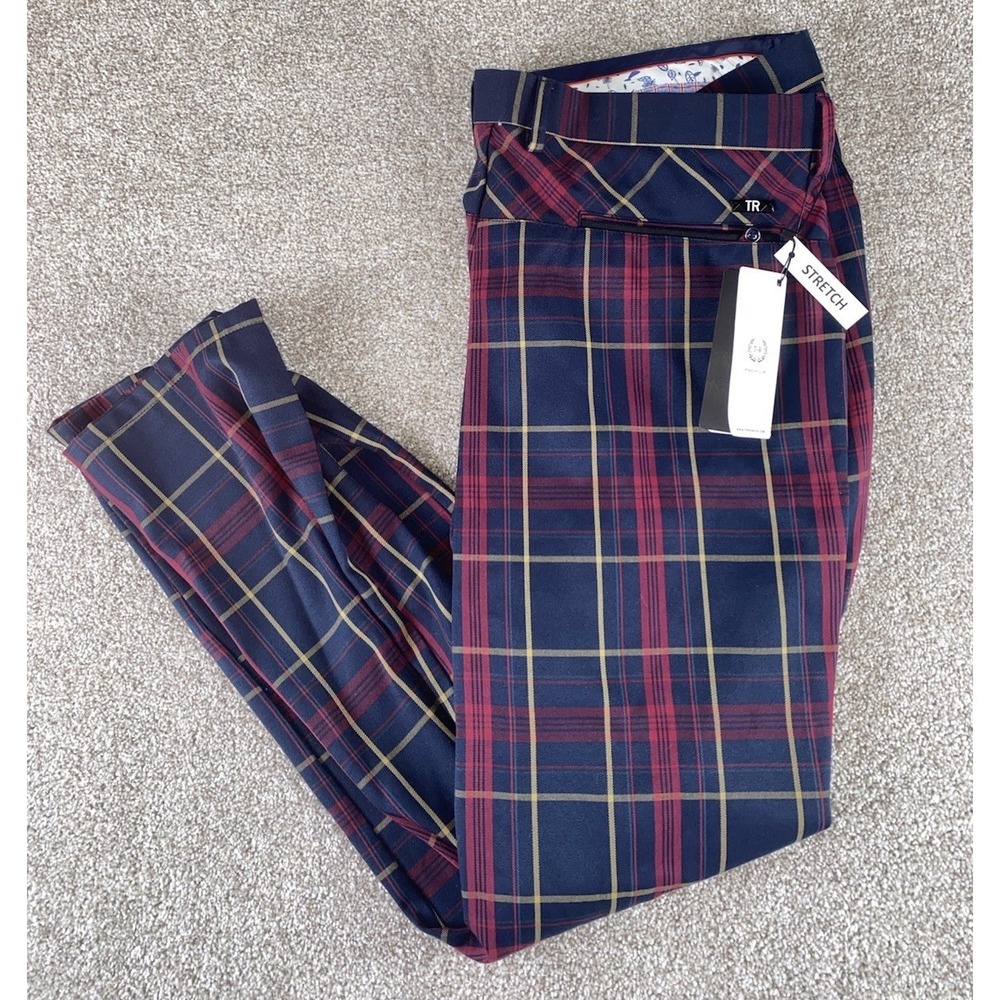 TR Tailored Recreation Premium Plaid Blue/Red Pants Mens 44x32 Flat Front Preppy